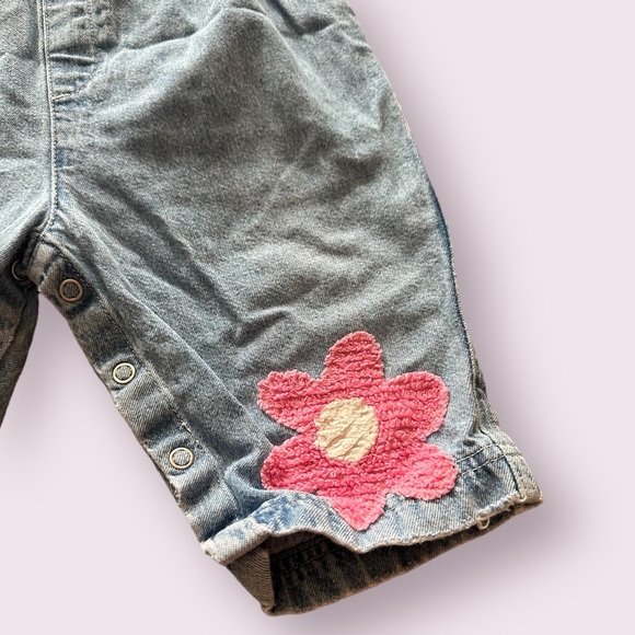 Vintage Baby Gap Light Blue Jean  Denim Overalls With Pink Flowers Size 12-18 M - Picture 3 of 11